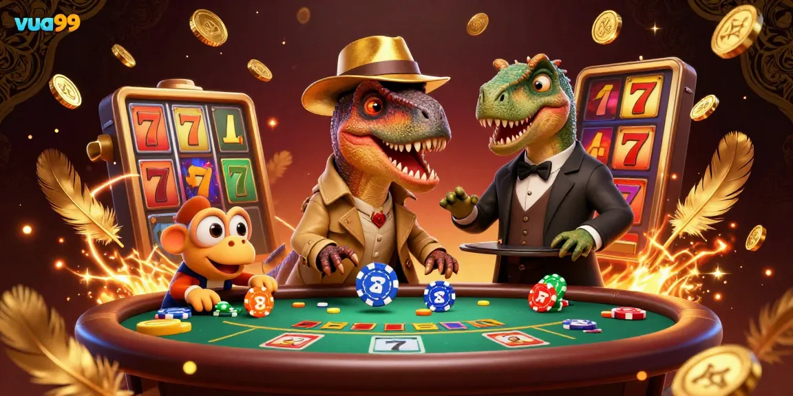 Engage in thrilling gameplay at vua99 featuring a velociraptor in disguise at a blackjack table.