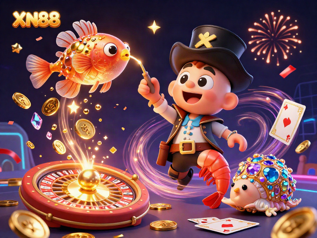 Experience the exciting world of XN88 with a 3D cartoon illustration featuring vibrant characters and casino elements.
