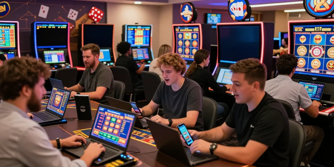 Diverse players enjoying bro138 slot games on multiple devices in a modern gaming lounge.