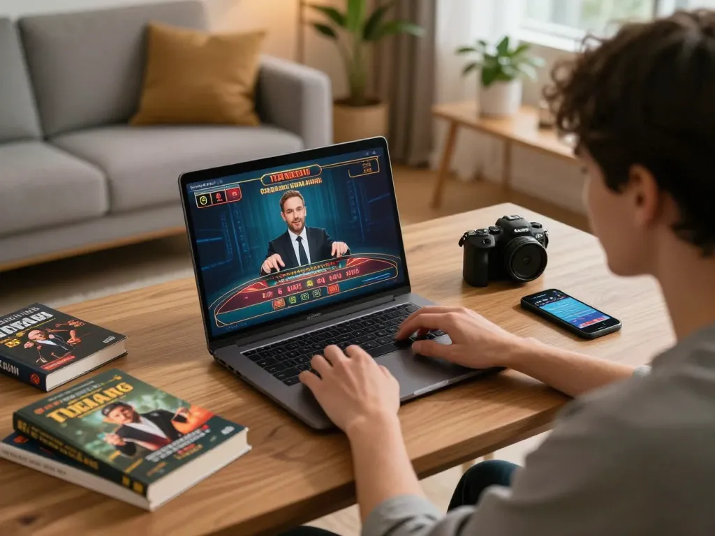Engaging online gaming session showing TG88 app in use on a laptop, promoting strategic gameplay.