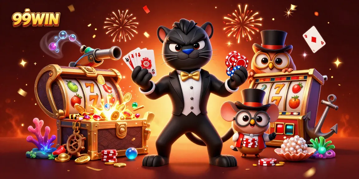 Engaging scene with 99WIN characters playing slots and celebrating with vibrant decorations and winnings.