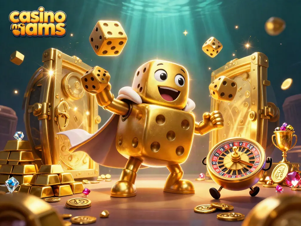Immersione nel mondo dei casino non AAMS con un golem di dadi d'oro che gioca e varia tesori.