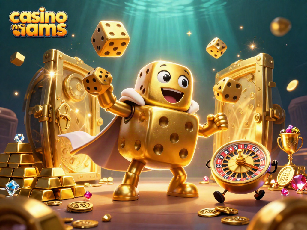 Immersione nel mondo dei casino non AAMS con un golem di dadi d'oro che gioca e varia tesori.