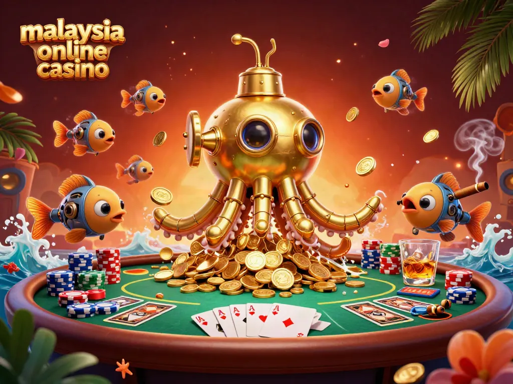 Experience the thrill of malaysia online casino games with the golden kraken submarine and vibrant poker elements.