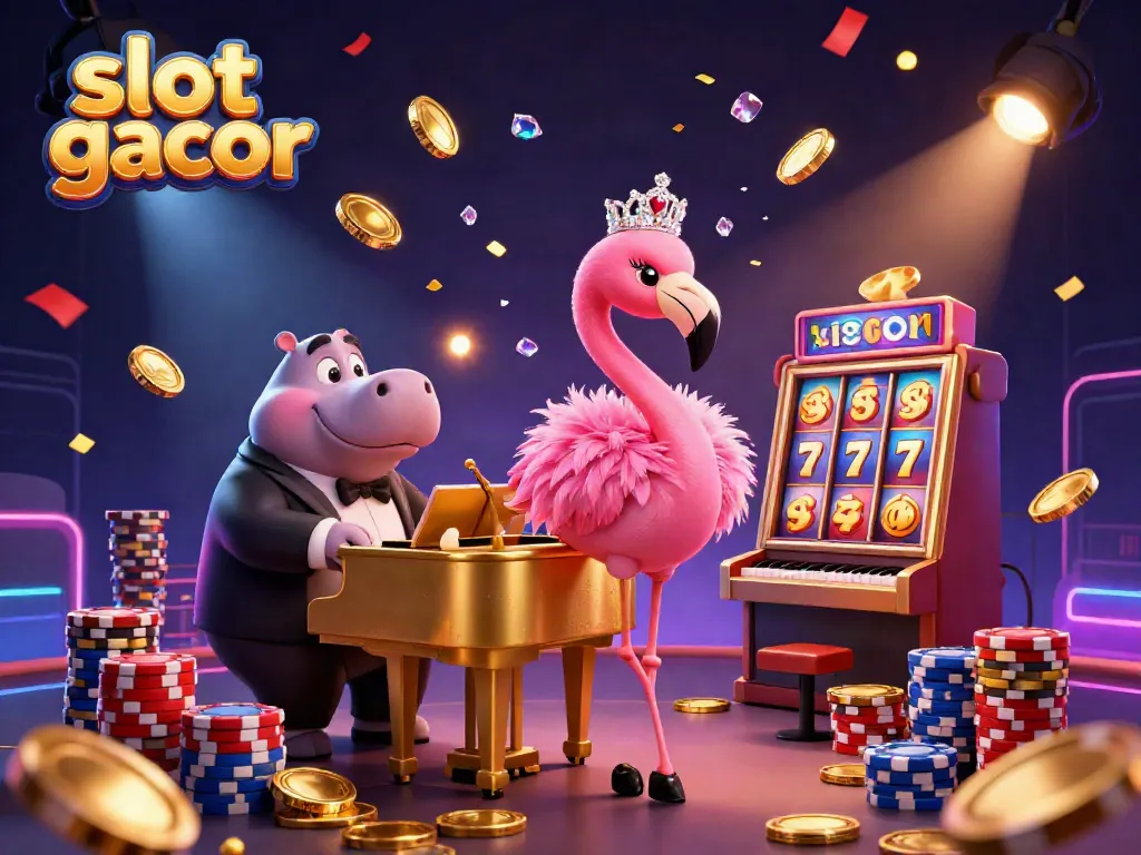 Engage with the vibrant world of slot gacor in a dynamic 3D casino illustration with lively characters.