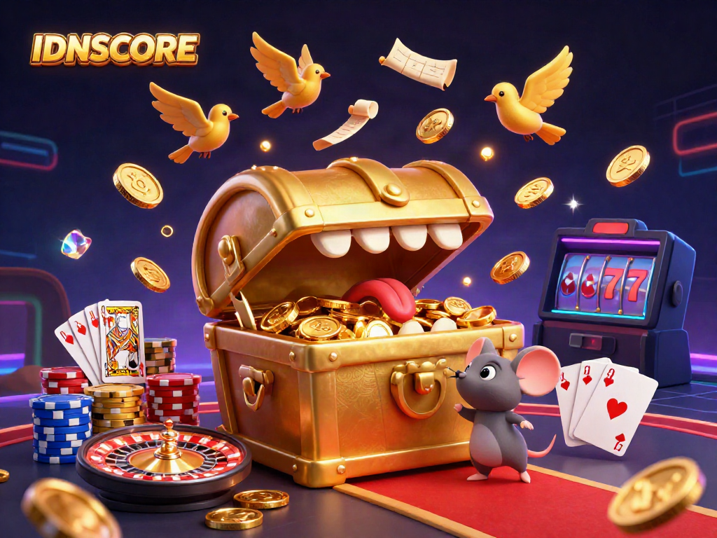 IDNSCORE offers thrilling sports betting excitement with a cartoon treasure chest and vibrant betting elements.
