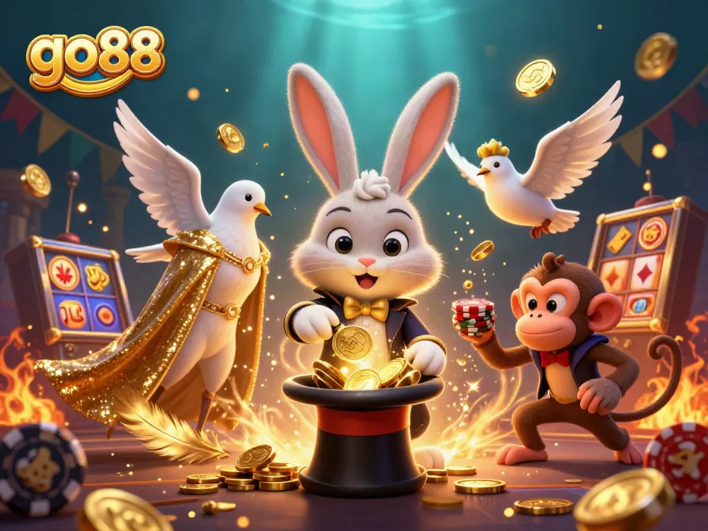 Experience the thrill of go88 as a magical rabbit pulls in golden casino winnings amidst an energetic scene.