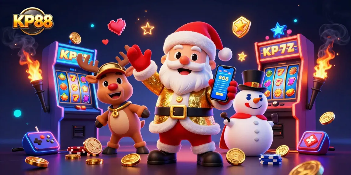 KP88 engages players with a vibrant casino scene featuring Santa, a reindeer dealer, and a poker chip snowman.