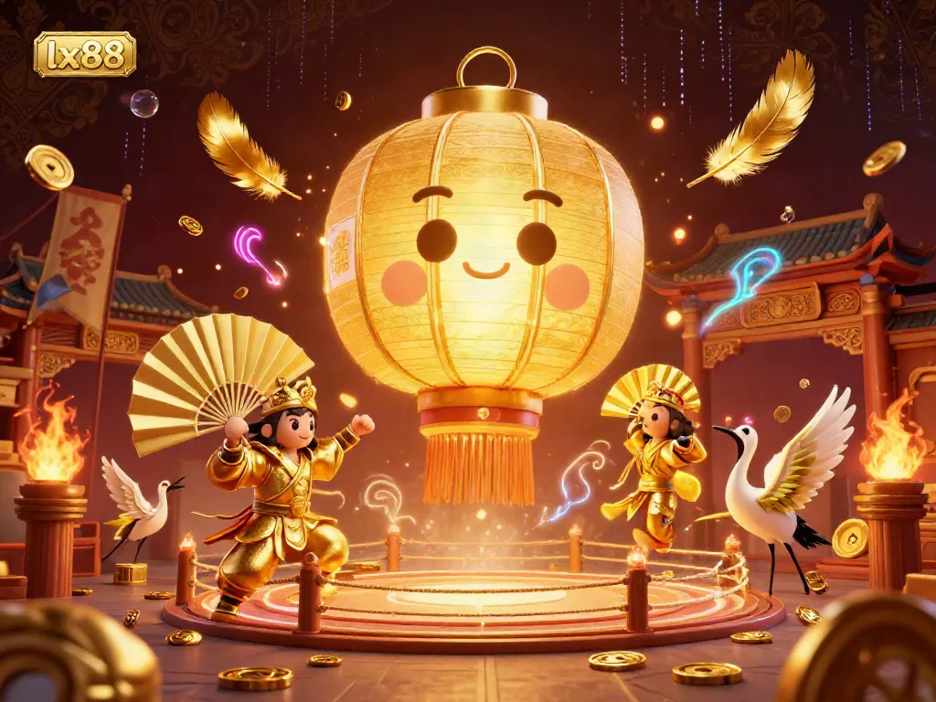 Experience exciting gameplay at lx88 with a dynamic, festive casino scene depicting golden elements and spirited characters.