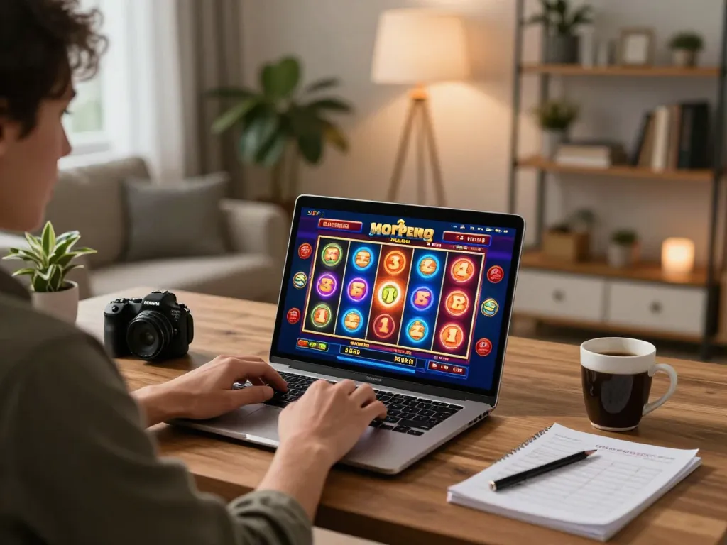 Engaged player enjoying LLwin online casino gaming at home, showcasing vibrant slot game interface.