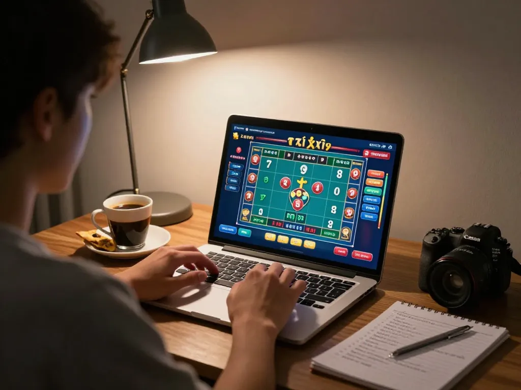 Person enjoying Tài Xỉu online gaming on taixiuonline8 with snacks and strategy notes at hand.
