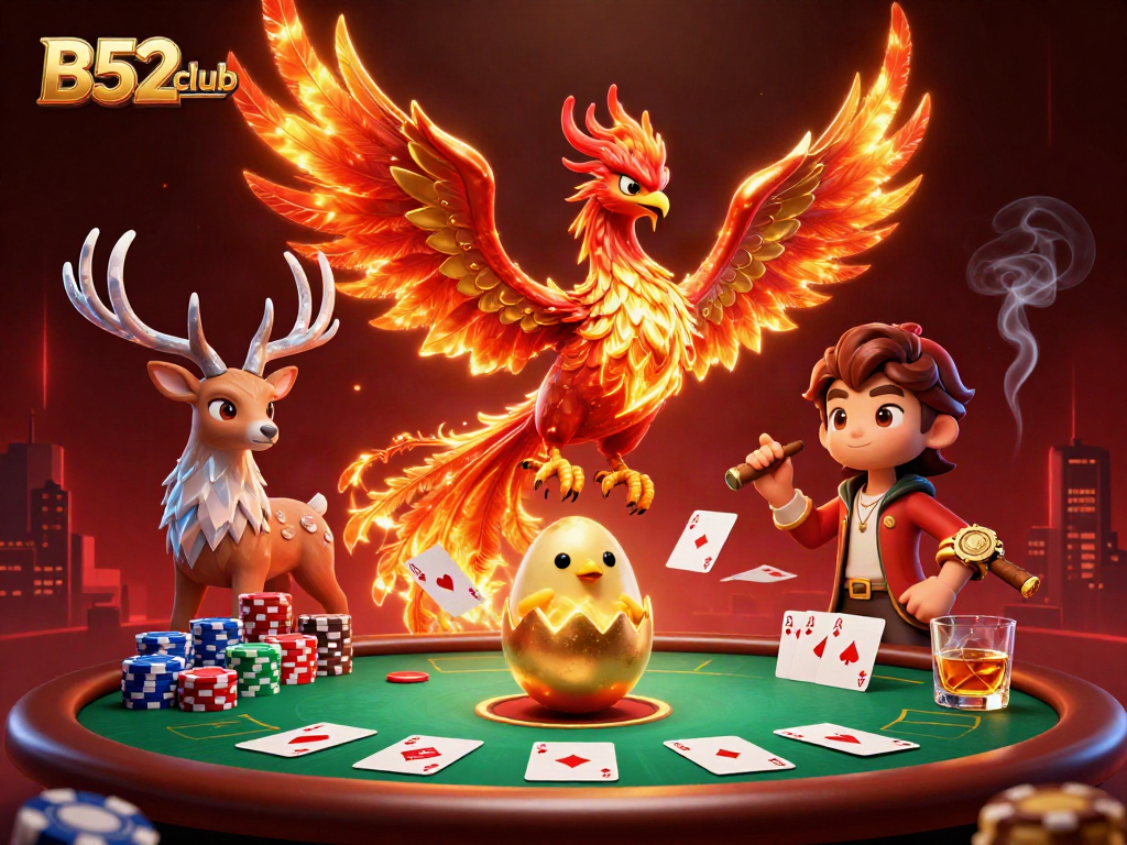 Engage with B52club's thrilling action through a fiery phoenix scene of excitement and vibrant casino visuals.