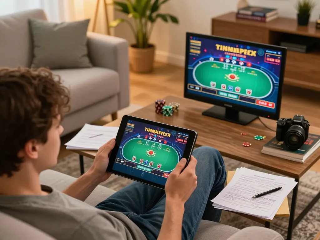 Player engaging with online poker on a tablet, showcasing 8kbet16 in a cozy home setting.