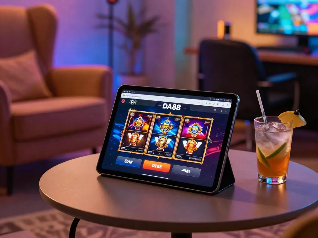DA88 online gambling platform featuring vibrant slot games on a tablet in a cozy gaming setup.