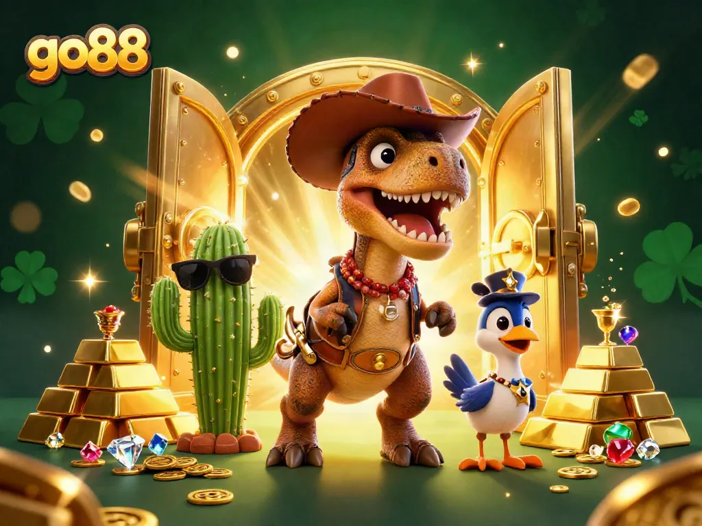 Experience thrilling gameplay at go88 with our captivating T-Rex and friends illustration.