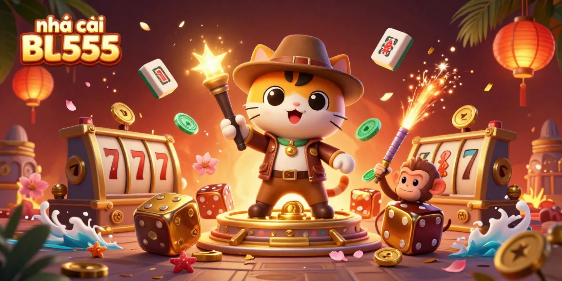 Experience the thrill of nhà cái BL555 with a vibrant illustration of a cat archaeologist discovering a golden artifact.