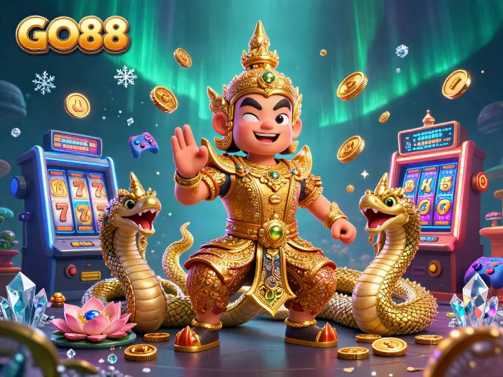 Experience thrilling gameplay at GO88 through immersive slot machines and vibrant characters in a dynamic casino scene.