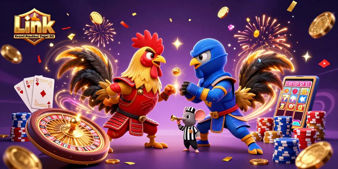Engage with Link Resmi Prediksi Togel 5D through a vibrant 3D illustration of roosters in a standoff.