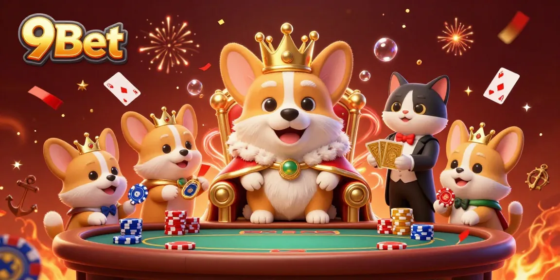 Win big with 9Bet in this vibrant 3D illustration of a royal corgi on a poker throne.
