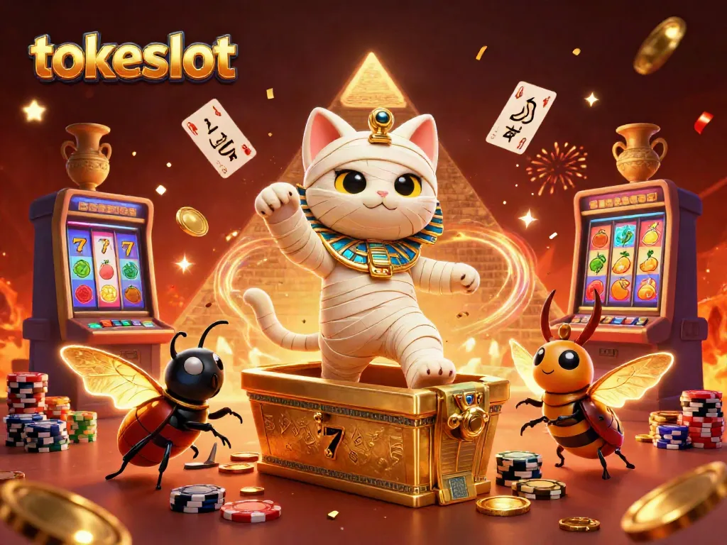 Slot jackpot di Tokeslot dengan karakter kucing mumi dan efek kembang api.