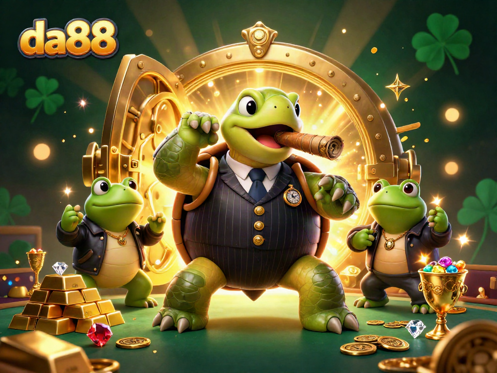 Experience the thrill of DA88 casino with our vibrant illustration featuring a snapping turtle and bullfrogs amidst riches.