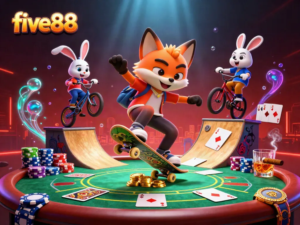 Engage with five88's dynamic scenes showcasing a skateboarder fox flipping over golden poker chips, exuding casino excitement.