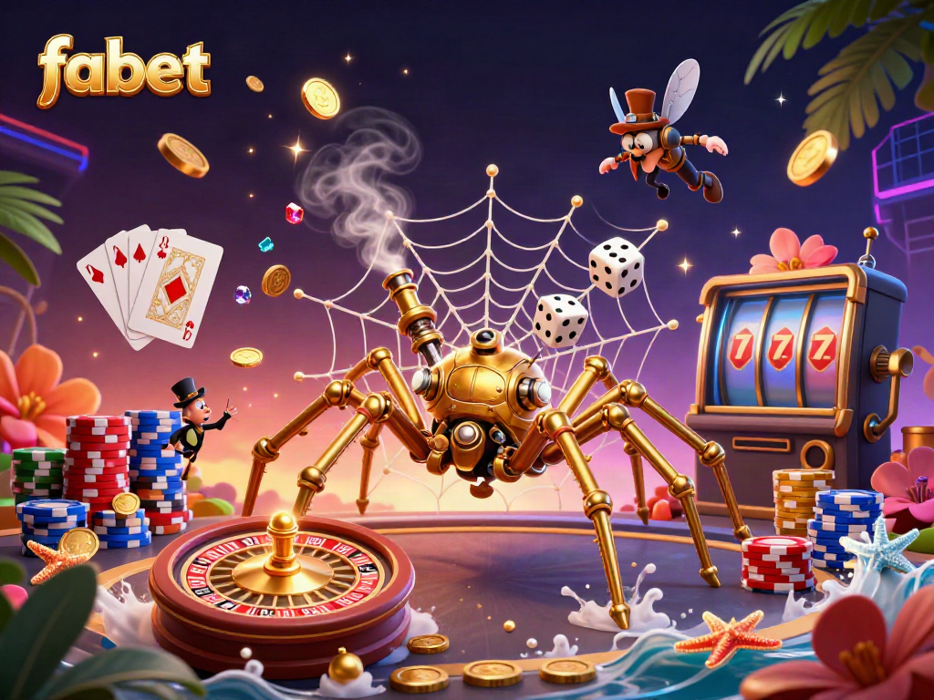 Immerse in the vibrant world of fabet with golden coins, roulette, and poker in a lively casino scene.