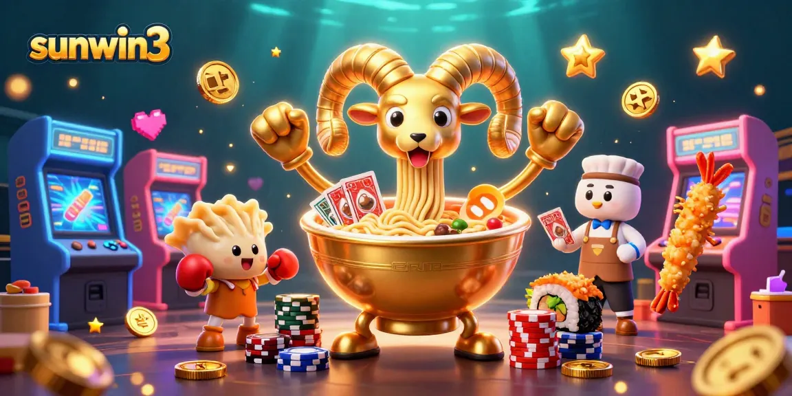 Experience the excitement of sunwin3 as a giant ramen bowl deals cards amidst vibrant casino elements.