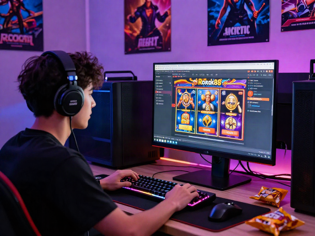 Player engaging with the vibrant rokok88 slot login interface in an exciting gaming atmosphere.