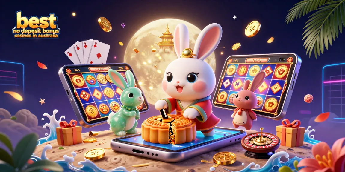 Experience the best no deposit bonus casinos in Australia with unique moon rabbit characters and vibrant casino elements.