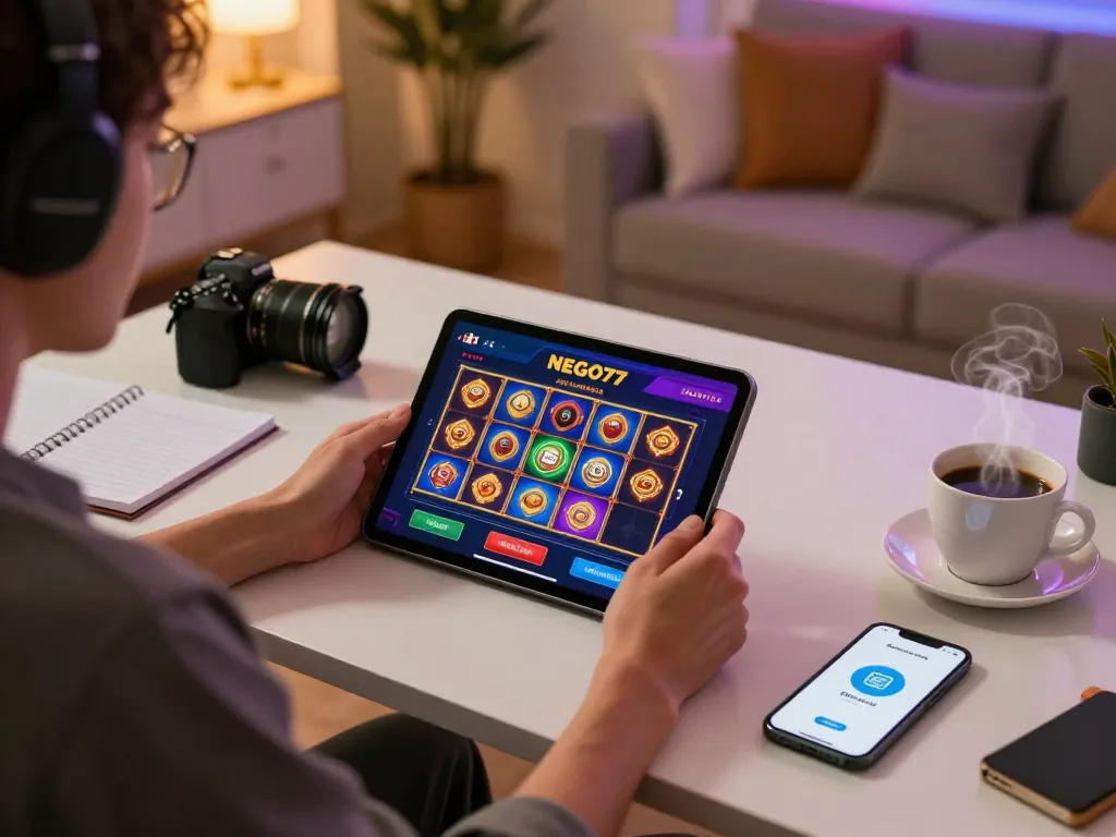 Engaging user exploring link resmi on NEGO77 tablet while planning their next slot game strategy