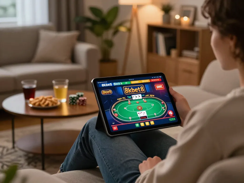 Player engaging in thrilling 8kbet8 online poker action on a tablet from a cozy home setting.