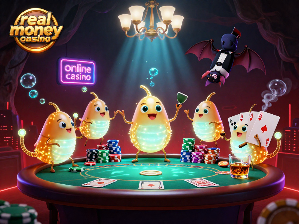 Immerse in a real money online casino scene, featuring glowing glowworms and a bat dealer.