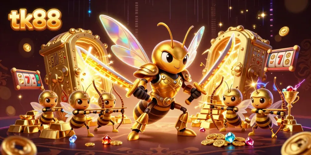 Engaging tk88 casino illustration featuring a giant hornet samurai with glittering treasures.