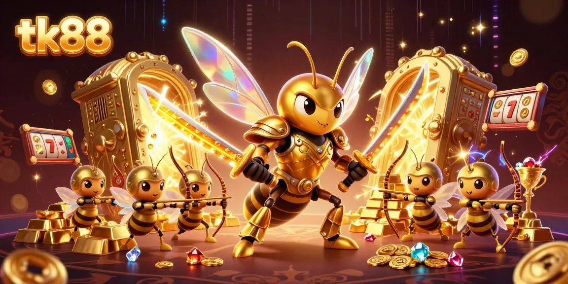 Engaging tk88 casino illustration featuring a giant hornet samurai with glittering treasures.