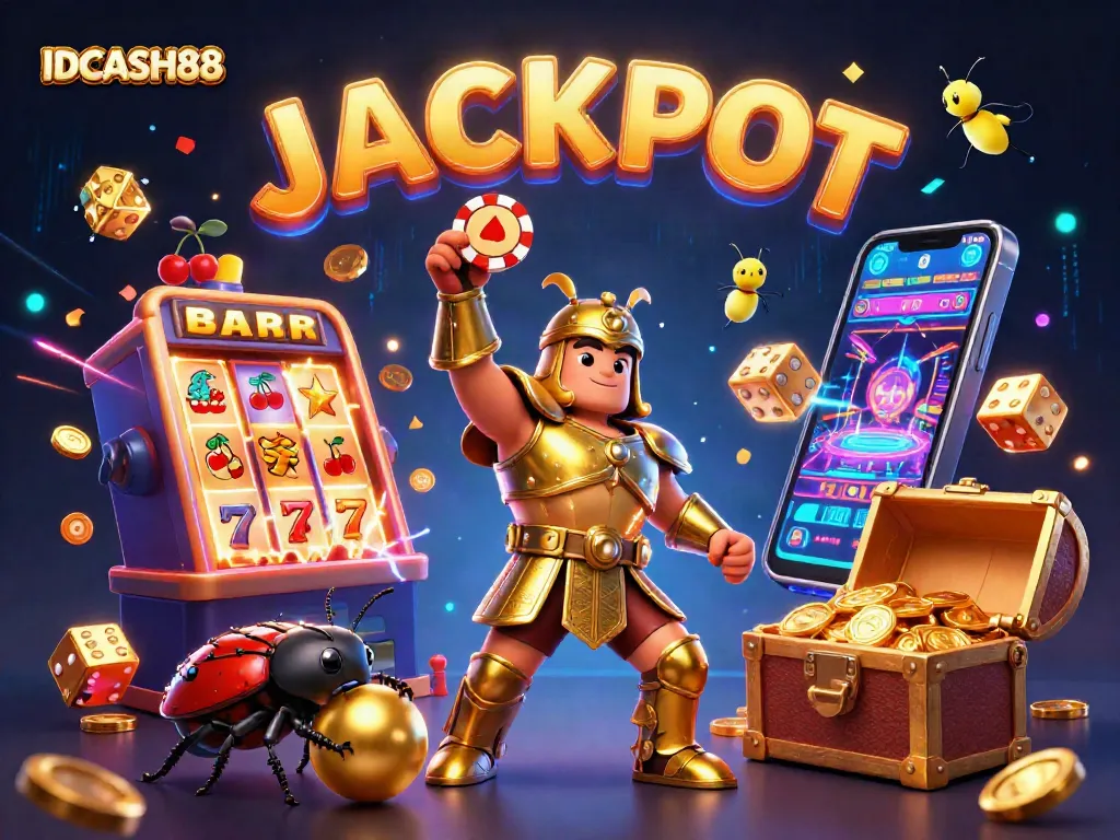 IDCASH88 showcases a victorious beetle in golden armor lifting a poker chip amidst a jackpot explosion.