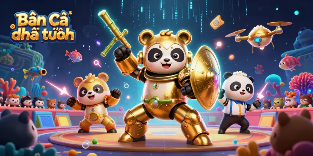 Bắn cá đổi thưởng scene with a mech-suit panda and sea creatures in a vibrant underwater arena