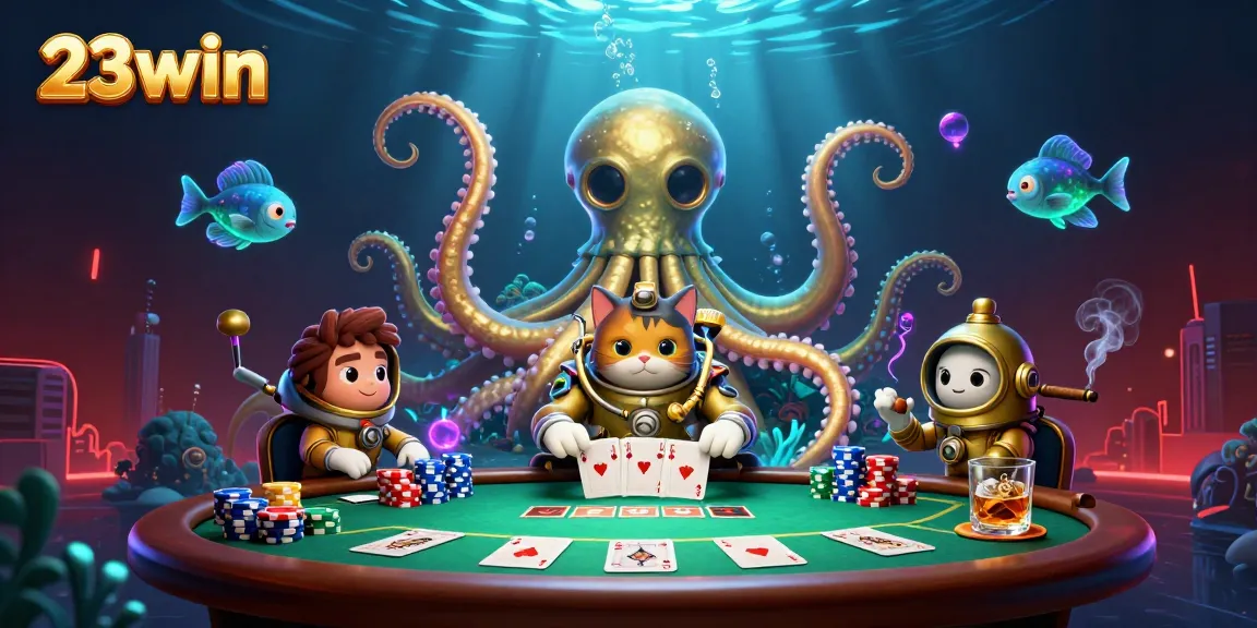 Engage with the vibrant world of 23win, featuring a kraken and a diving cat at a lively poker scene.