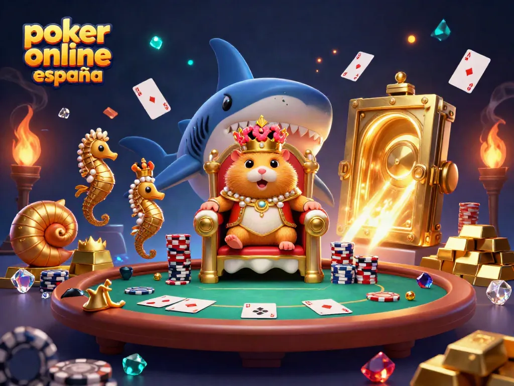 Juega al póker online en España en una escena vibrante con el rey hámster y cartas voladoras.