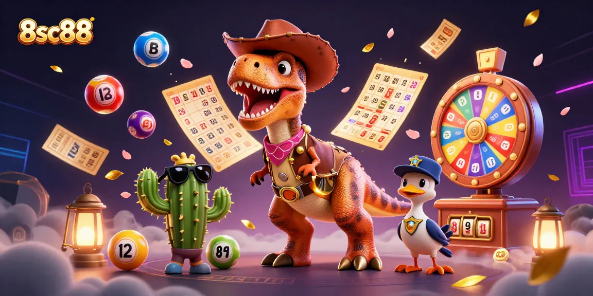Experience the vibrant gaming world of 8sc88 with a T-Rex, cactus, and roadrunner in a colorful casino scene.