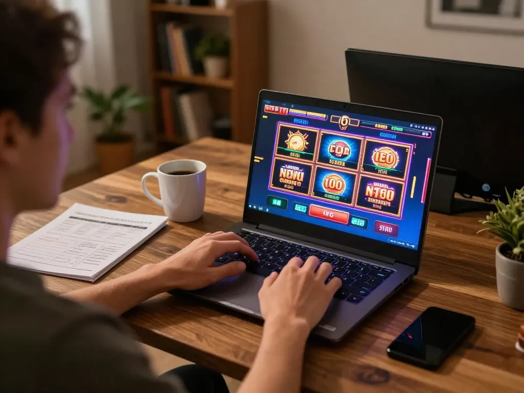 MM88 player enjoying an online slot game on laptop in a cozy home setting, promoting responsible gaming.