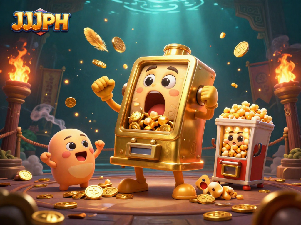 Winning at JJJPH: Exciting 3D illustration of a golden slot machine celebrating its jackpot