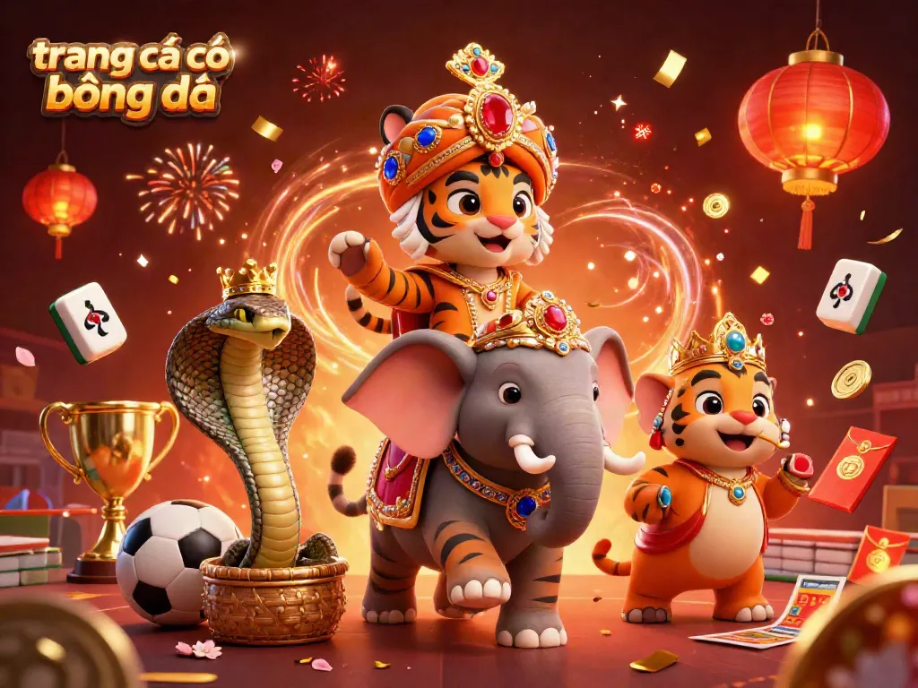 Trang cá cược bóng đá đầy màu sắc với hình ảnh sư tử Maharaja và các vận động viên trong khung cảnh thể thao nhiệt đới.