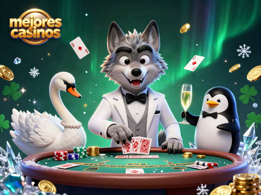 Juega al póker en los mejores casinos con nuestra elegante escena de cartas y personajes animados.