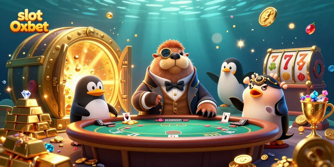 Experience slot Oxbet with our vibrant underwater casino scene featuring a jolly walrus and colorful characters.