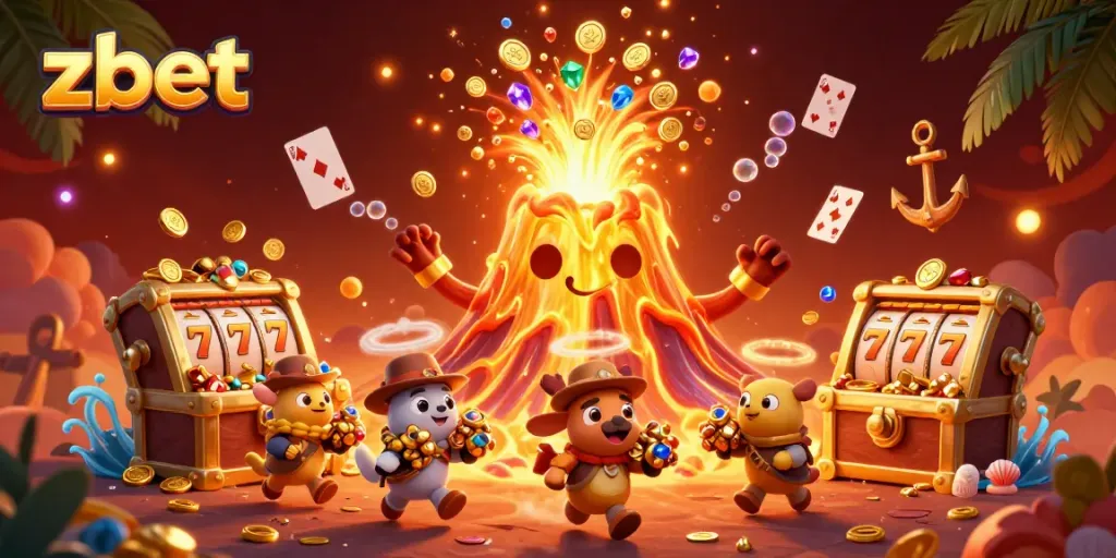 Zbet's thrilling casino experience with a golden volcano, coins, gems, and cartoon treasures.