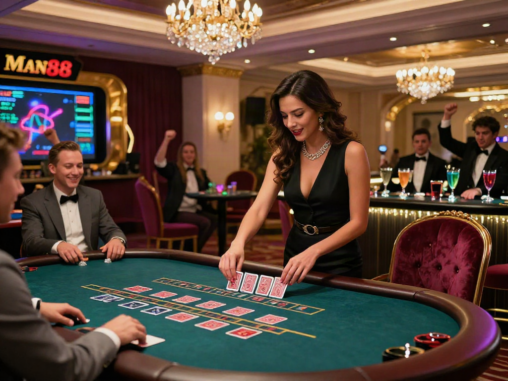 Exciting live dealer casino game at Man88 with a stylish dealer and vibrant ambiance.
