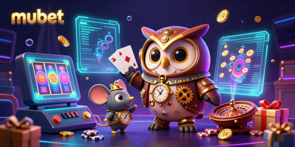 Spin the reels at mubet with a whimsical 3D steampunk owl and its mouse companion among vibrant casino elements.