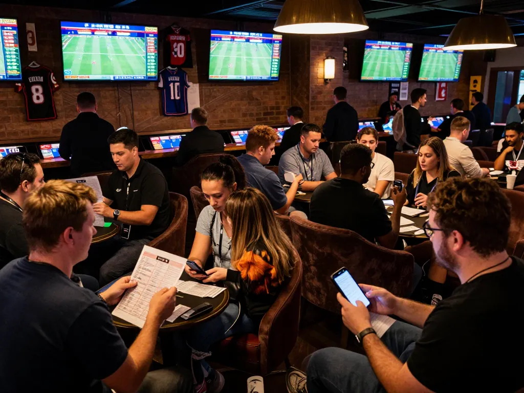 Active sports betting atmosphere featuring keobongda analysis and enthusiastic bettors engaged in live wagering