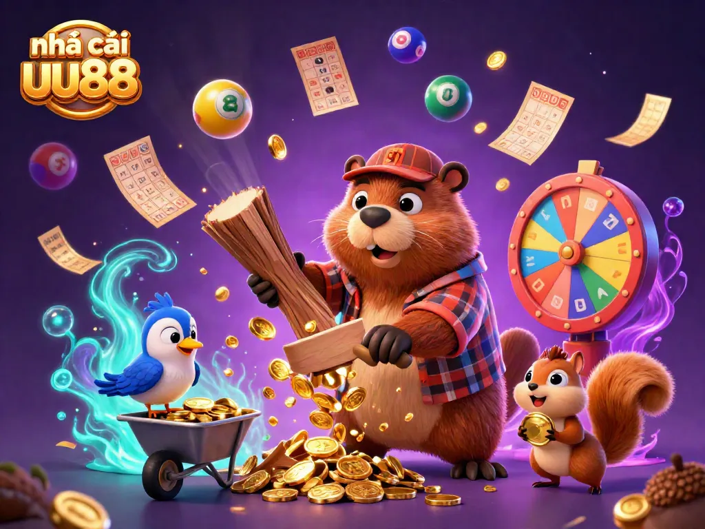Join the excitement at nhà cái uu88 with a beaver raining gold coins and vibrant lottery balls in a colorful casino scene.